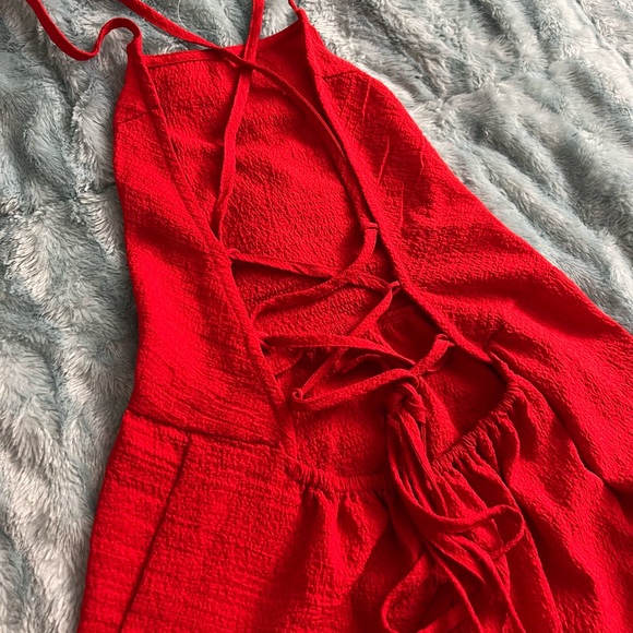 Red Lace Up Backless Ruffle Hem Dress - Picture 5 of 5